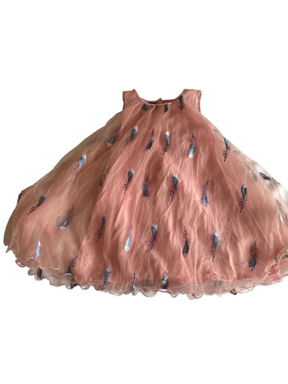 Pink Feather Embroidered Tulle Top With Lining & Ruffled Hem Size 8 Womens
